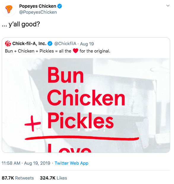 tweet from popeyes reading ya'll good? In response to chic-fil-a