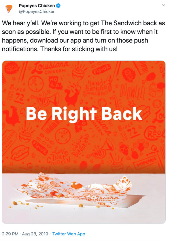tweet from popeyes about how they ran out of their chicken sandwhich
