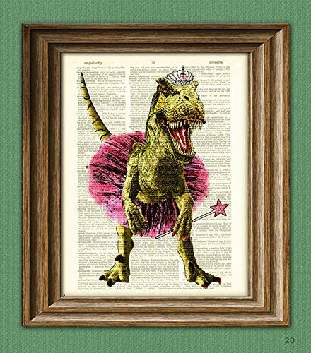 upcycled book art of trex in tutu