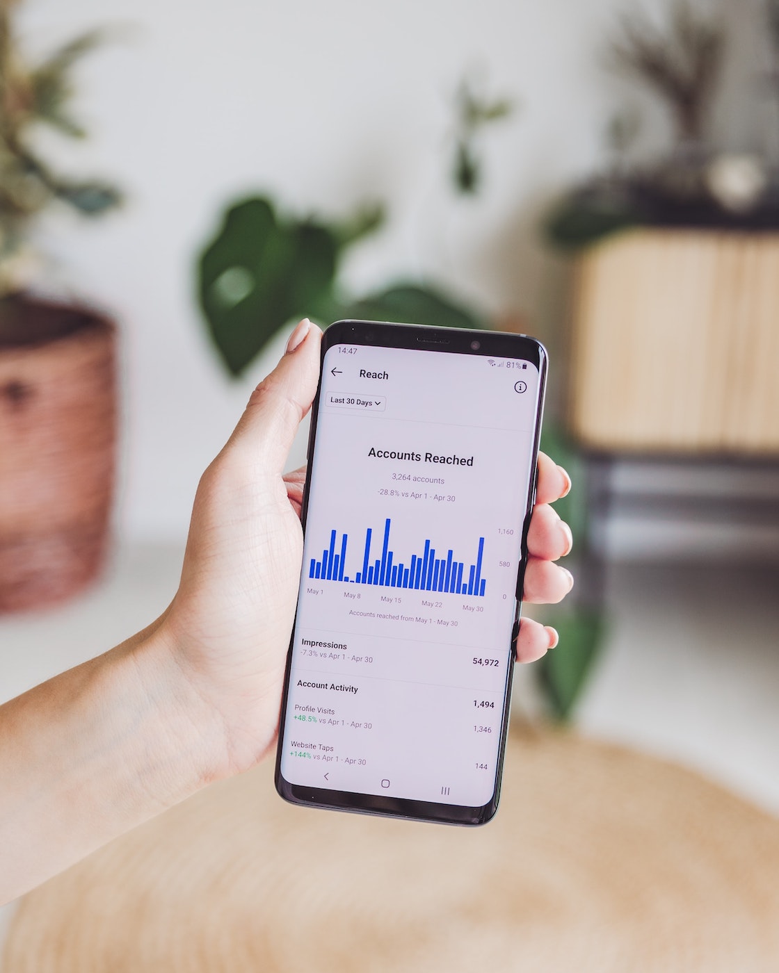 person holding instagram open to analytics page