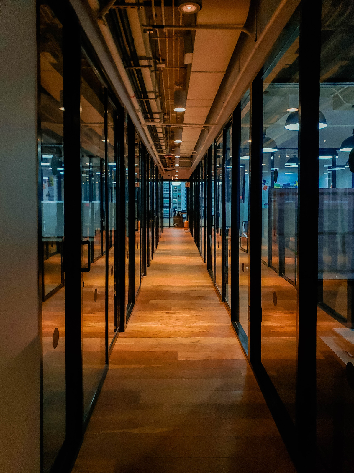 Long hallways with glass doors left and right and wood floor