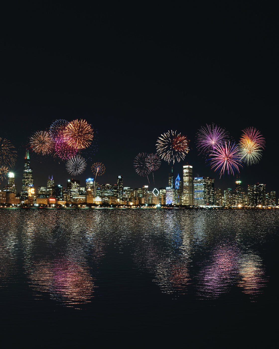 Fireworks over a city and harbor
