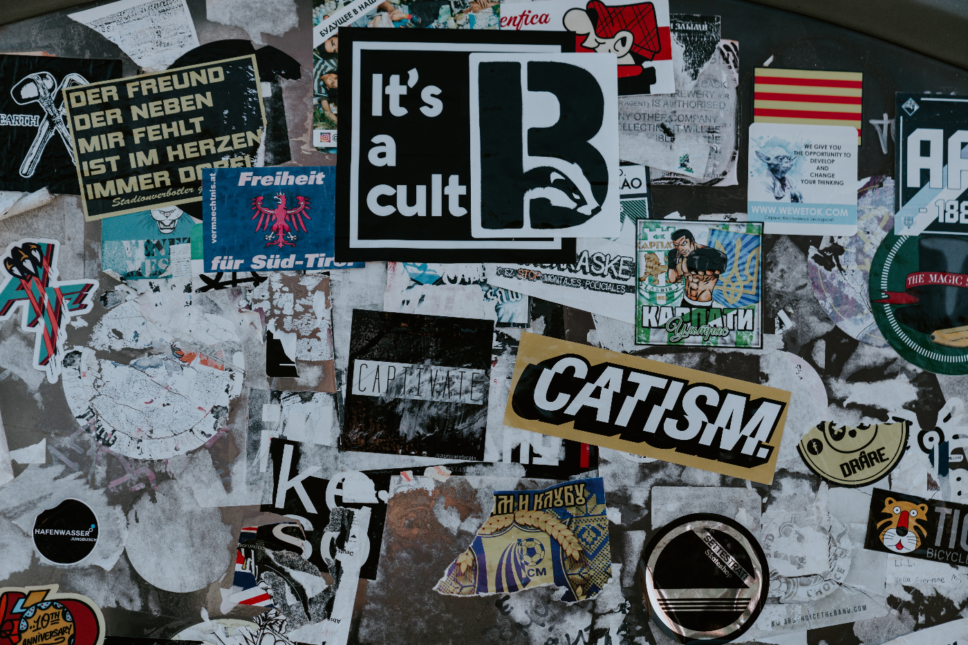 a cacophony of slogans in various languages on a wall