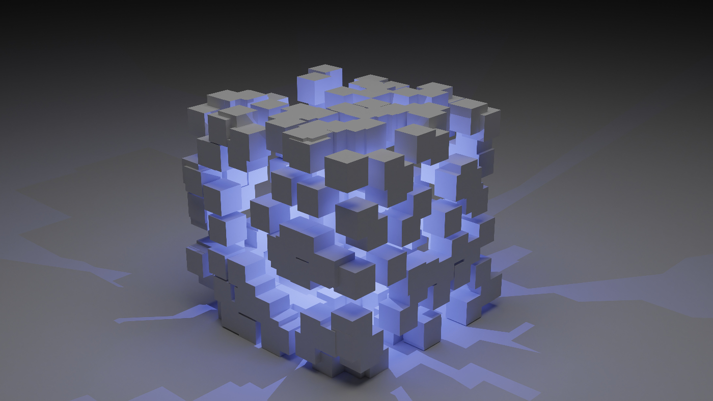 a 3D image of a cube made of cubes exploding