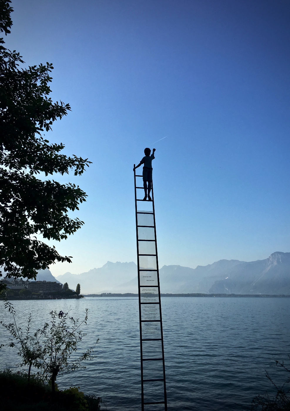 A child on top of a free standing ladder looking out over the ocean.