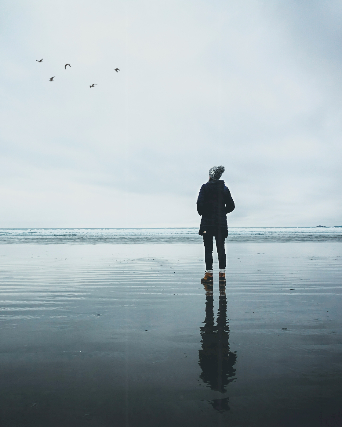 A woman in a coat and hat, standing on a wet beach at low tide, watching birds fly