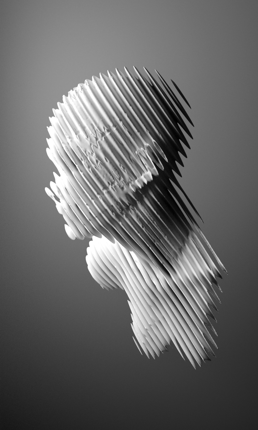 An abstract sculpture of a human head in slices
