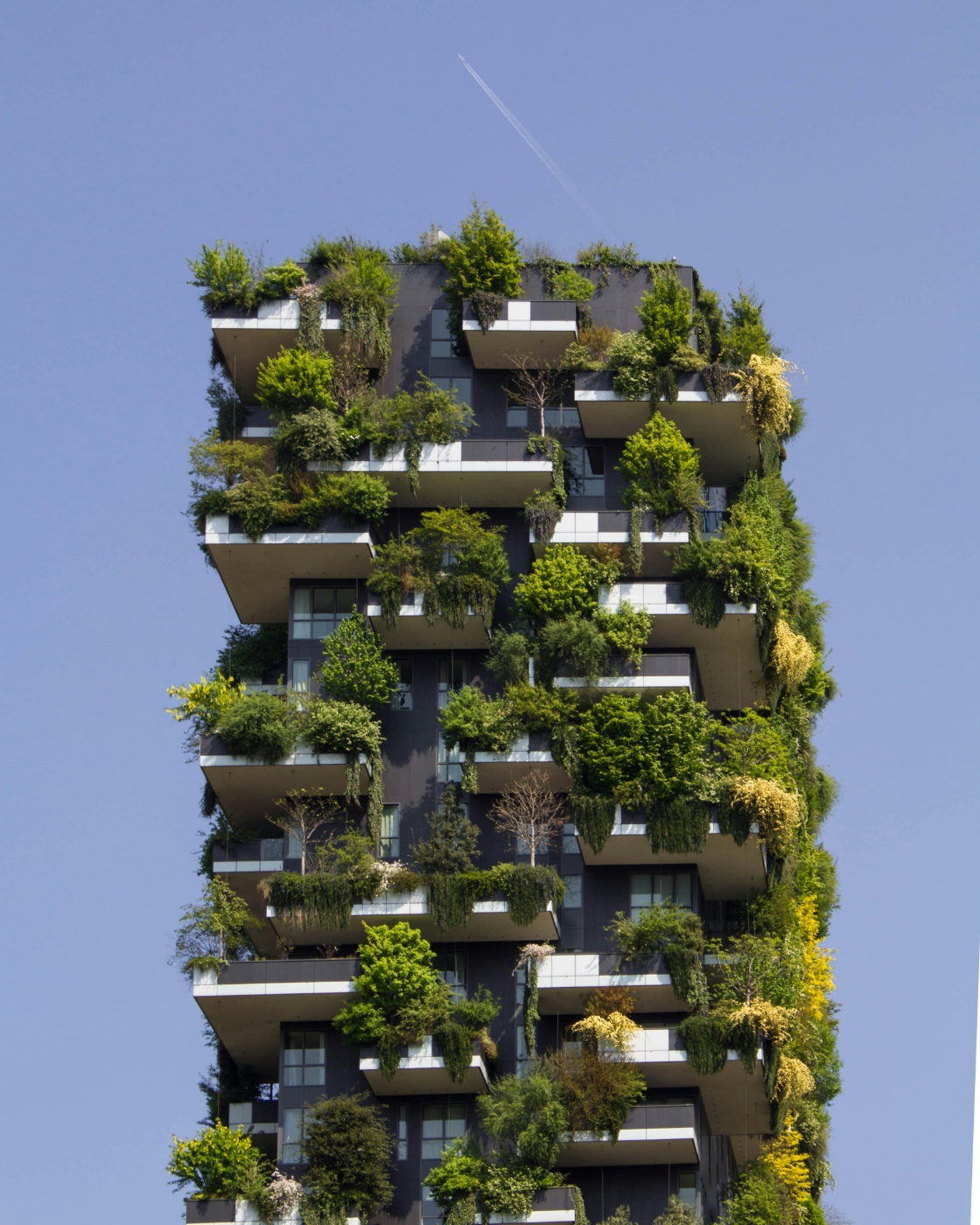 A green apartment building in China where trees and plants grow all over the exterior and interior