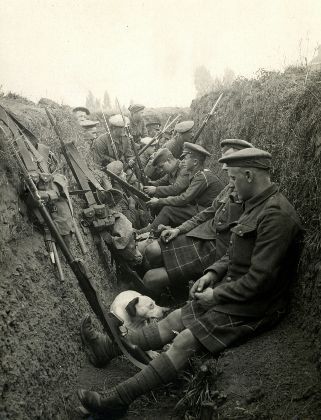 Member of the Scottish Highlander regimen in a trench during WWI
