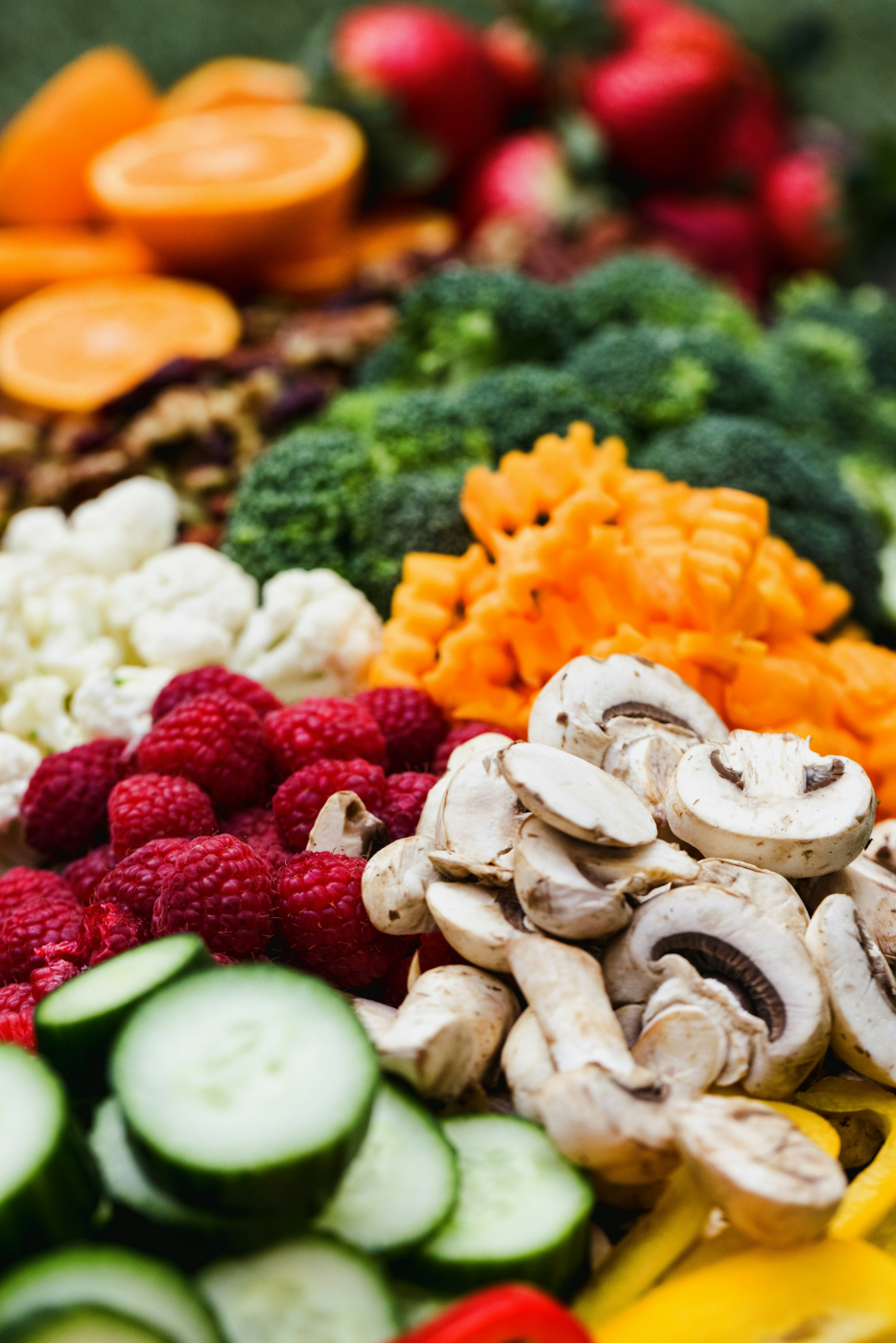 A spread of color fruits and veggies