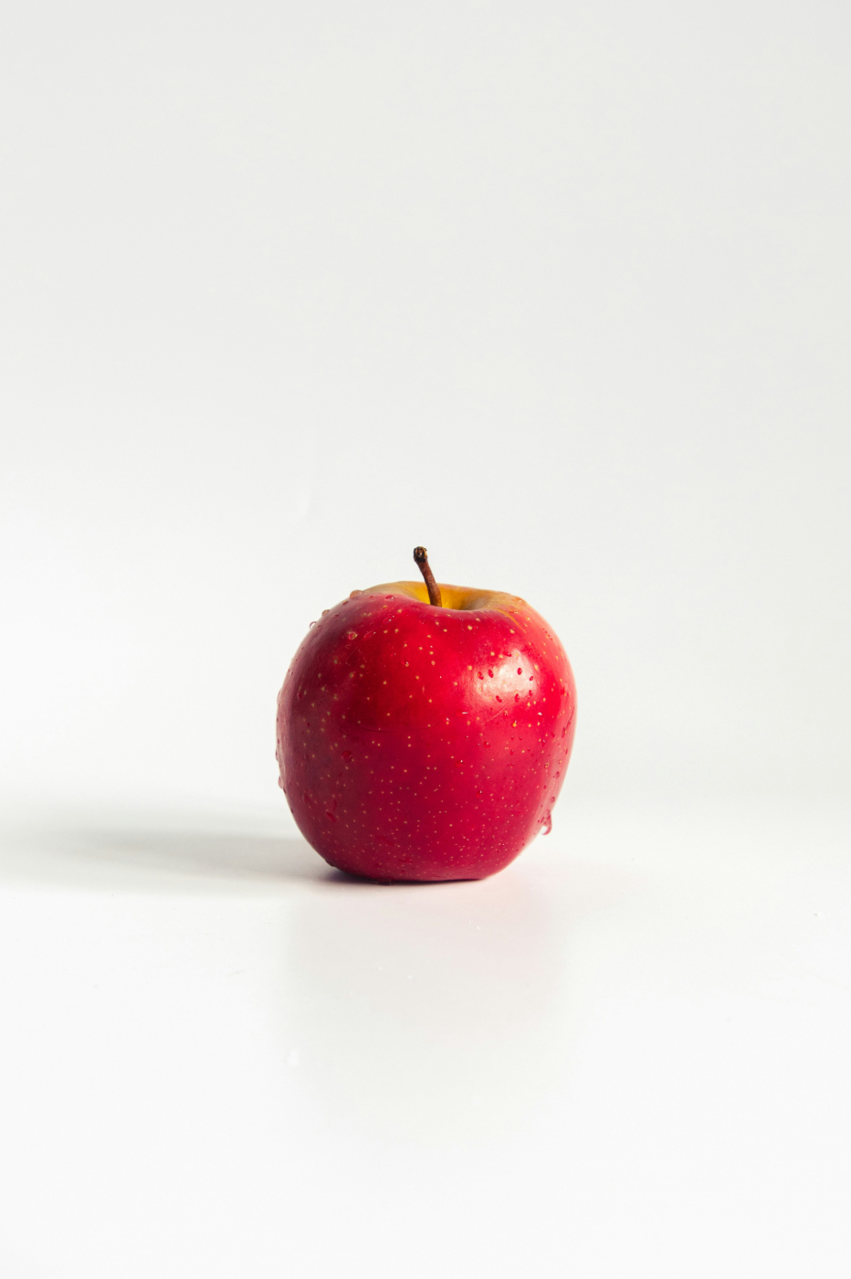 A wet red apple on a white background