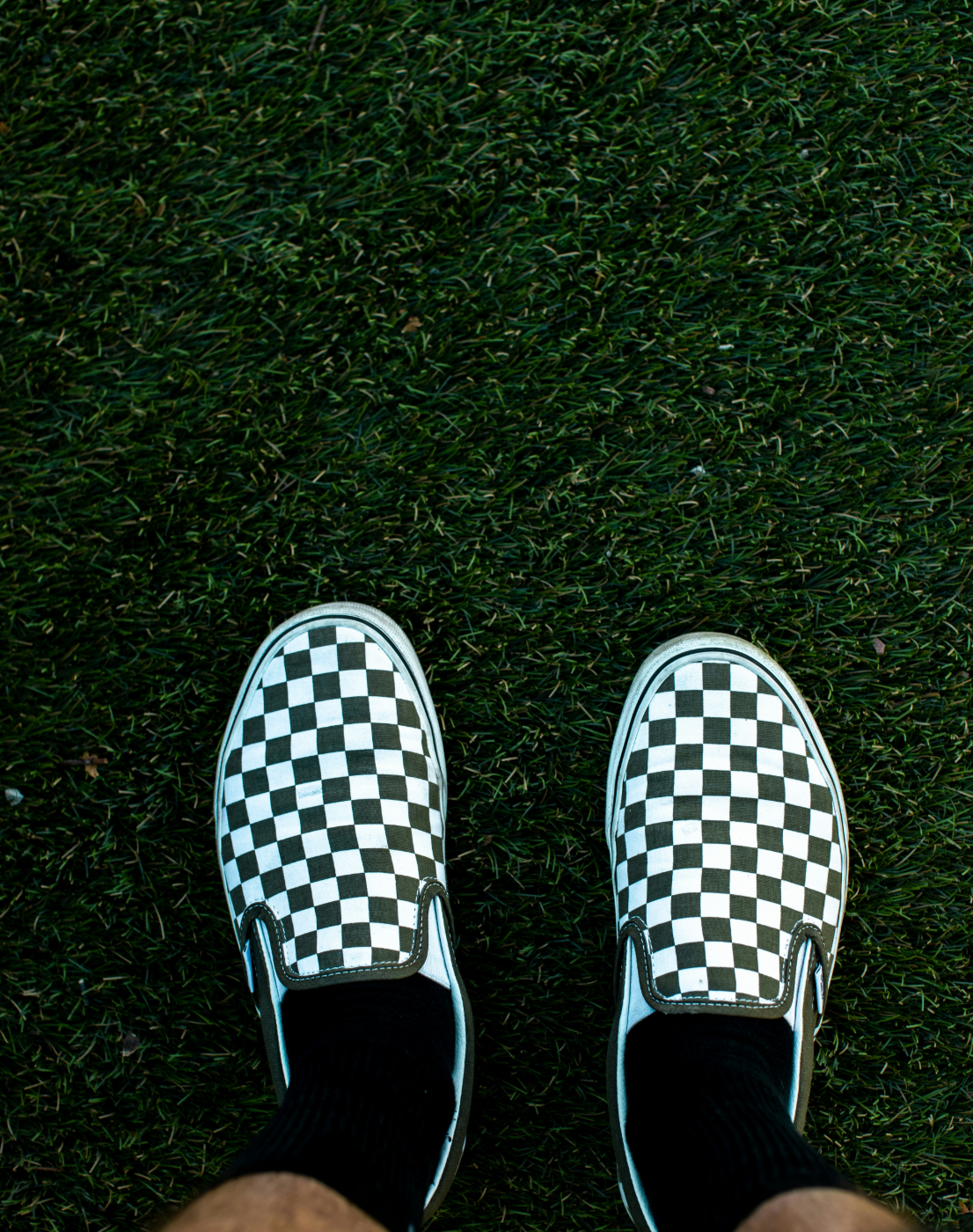 A person wearing black and white checked slip on shoes standing on grass
