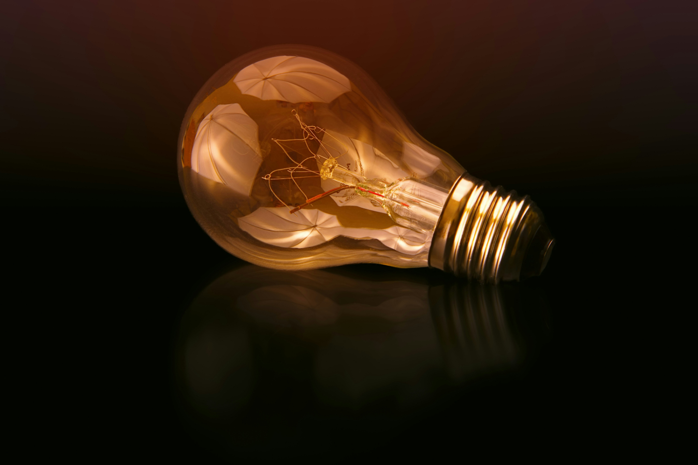 An incandescent bulb on a black surface
