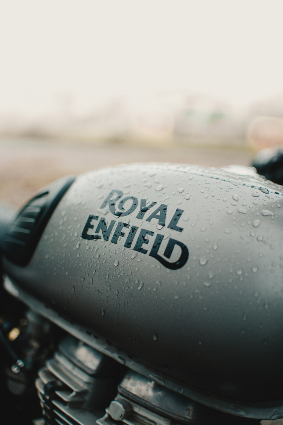 The gas tank of a Royal Enfield motorcycle
