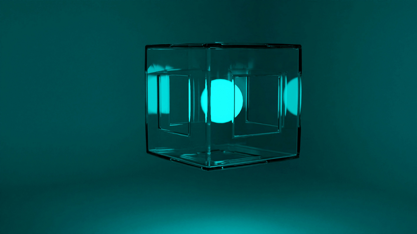 A suspended glass cube with a round light inside