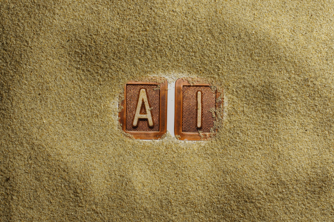 The letters A & I in wood tiles surrounded by sand