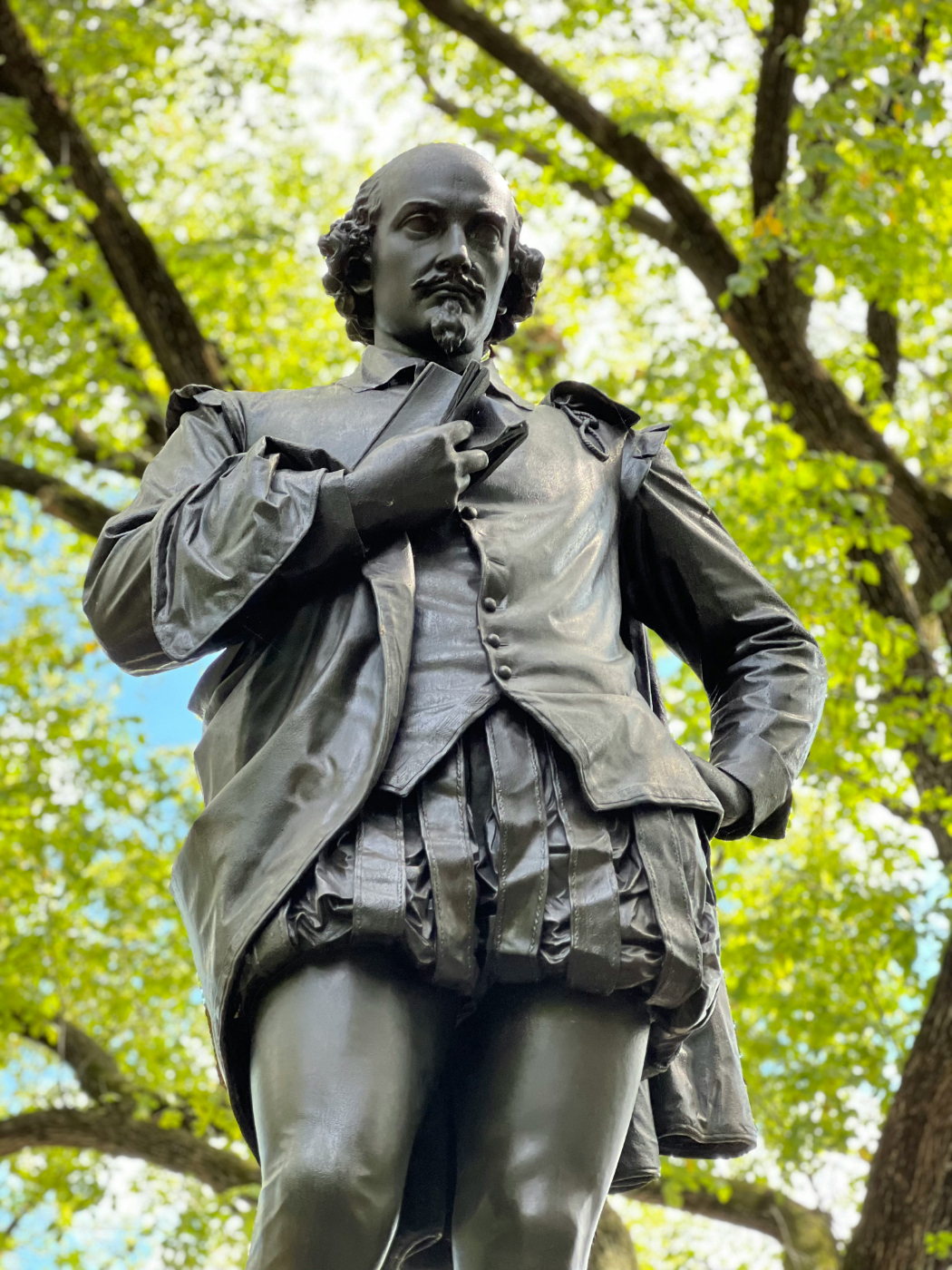 A statue of Shakespeare in a park