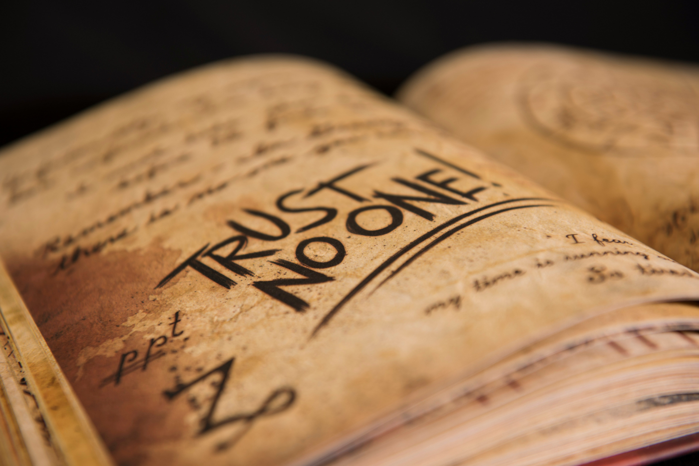 An open book with the words Trust No One in large letters