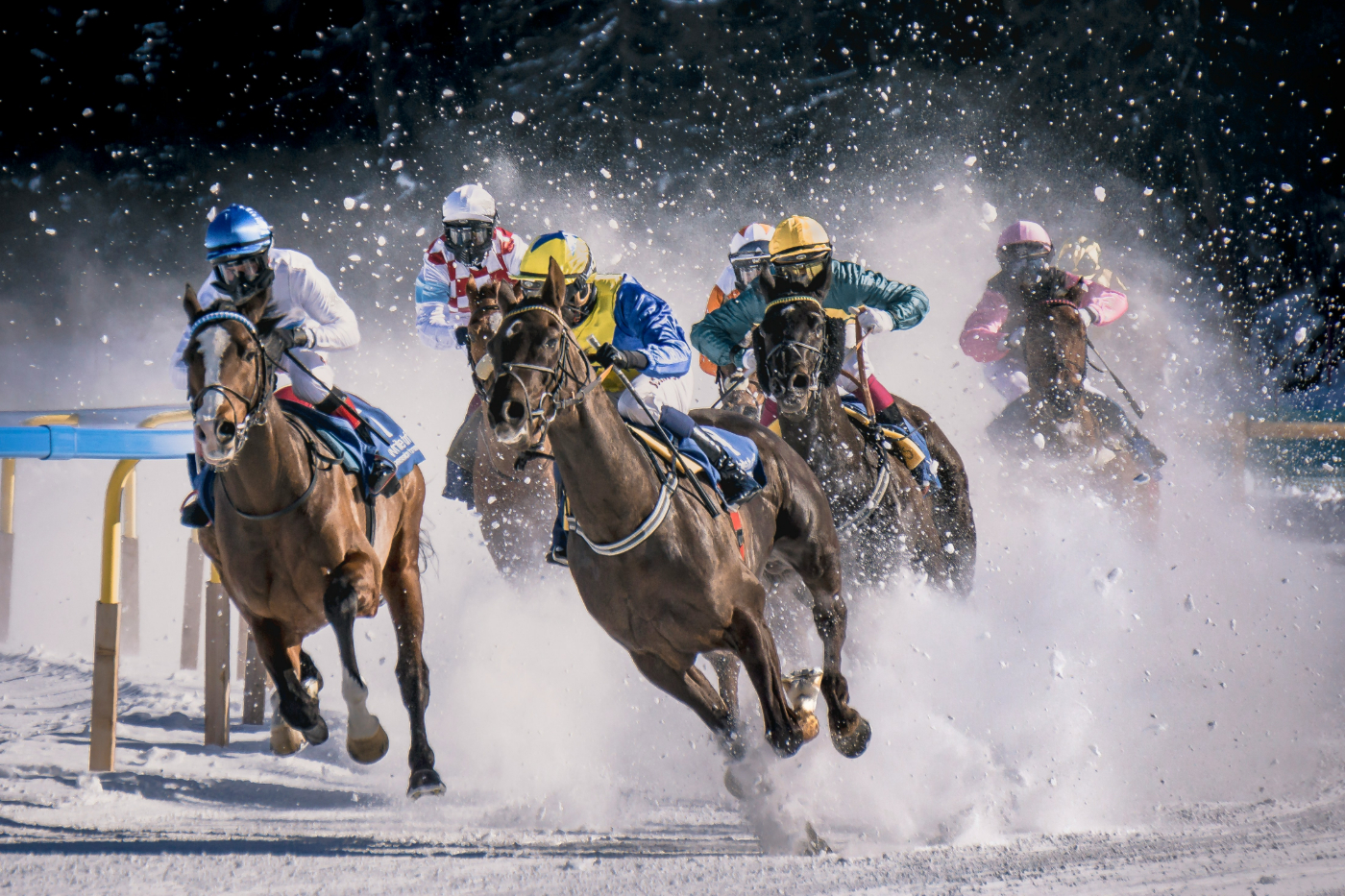 A horse race with the horses rounding a turn