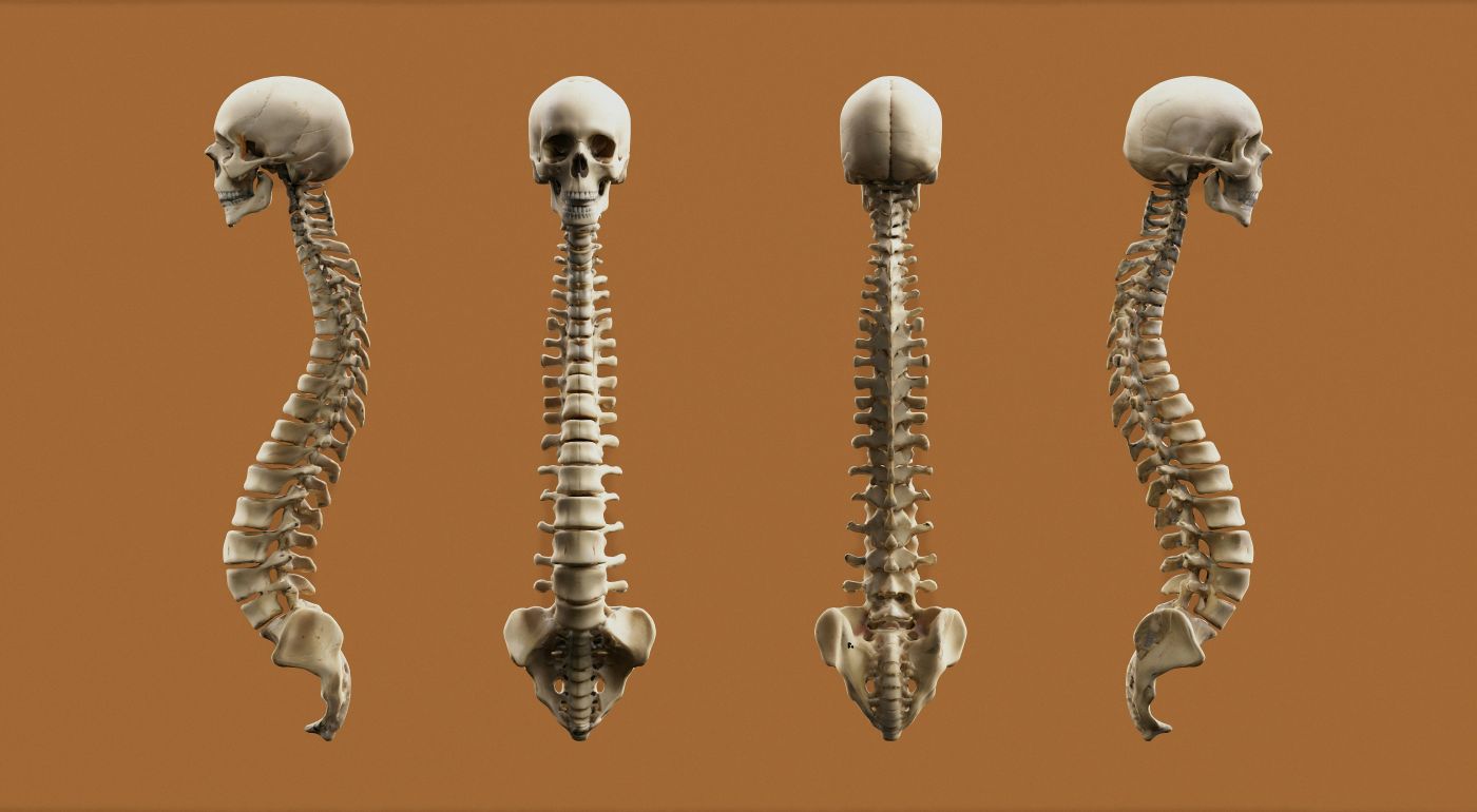 4 views of a human backbone and skull