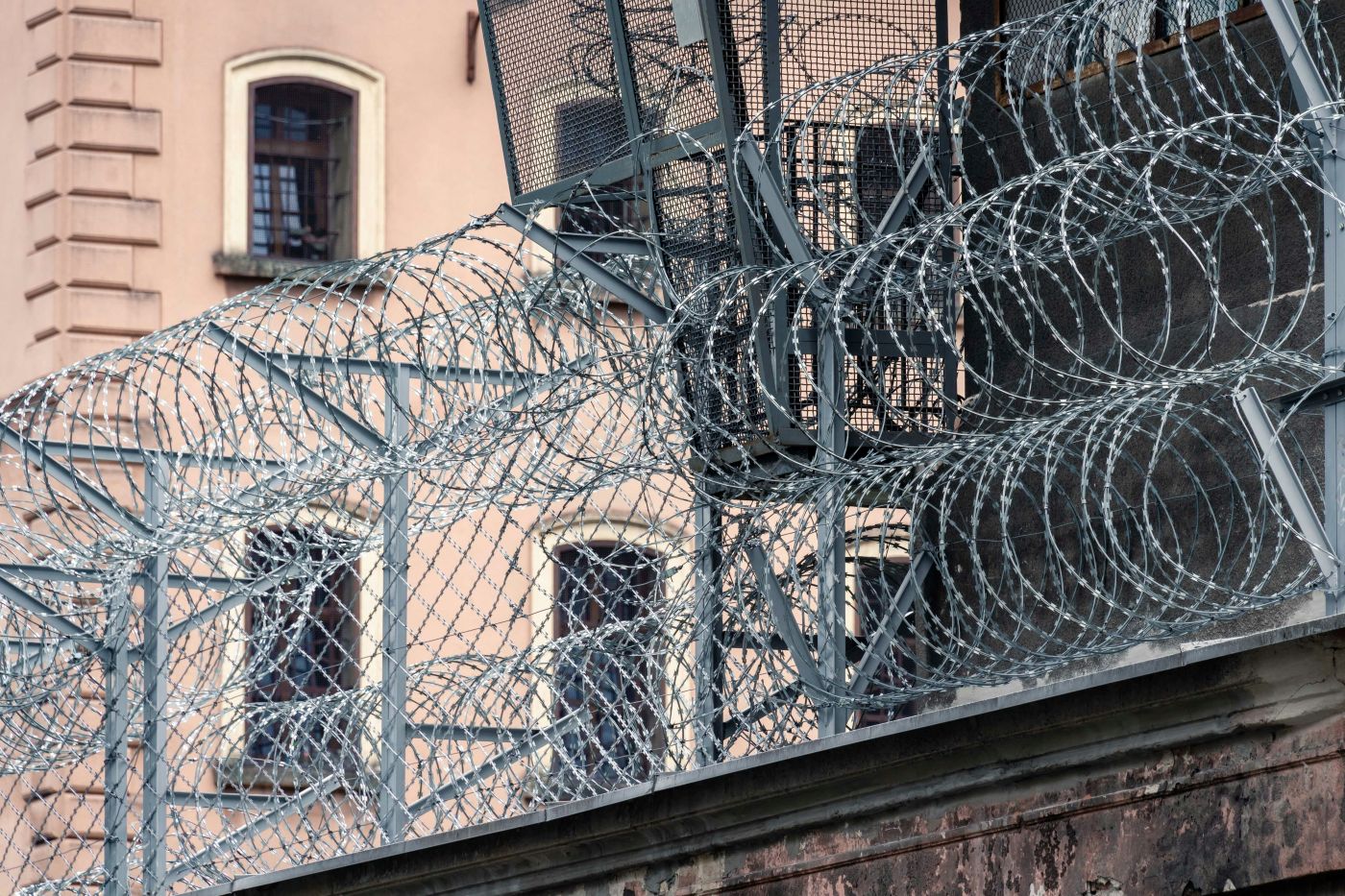 Razor wire on a fence in the city