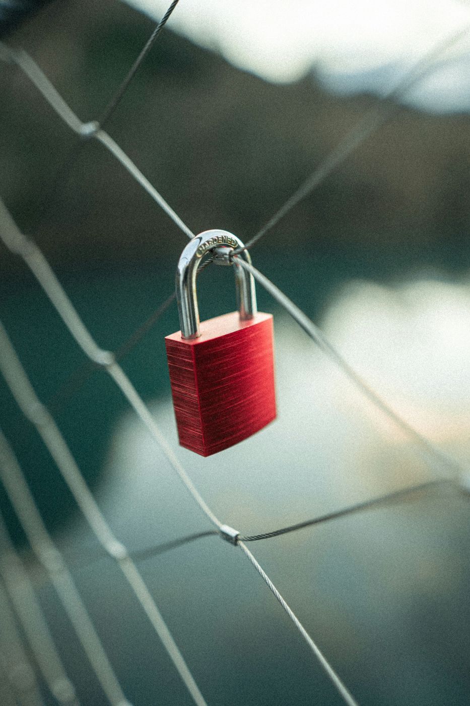 A red padlock on a chain link fence