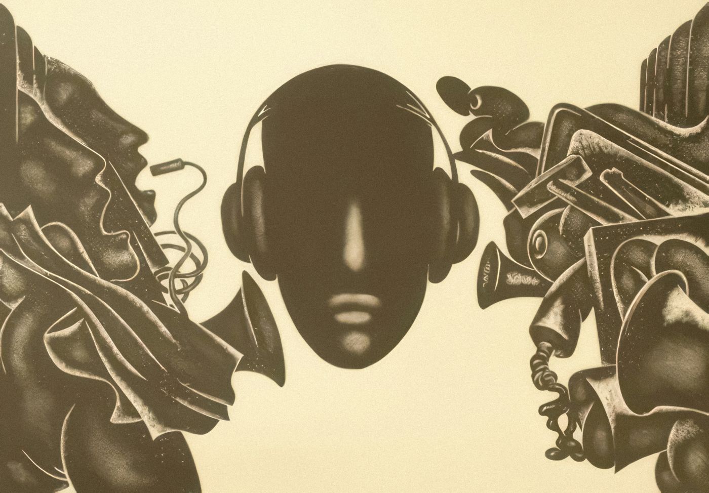 A brown and white drawing of a person with headphones and the sounds he's blocking out