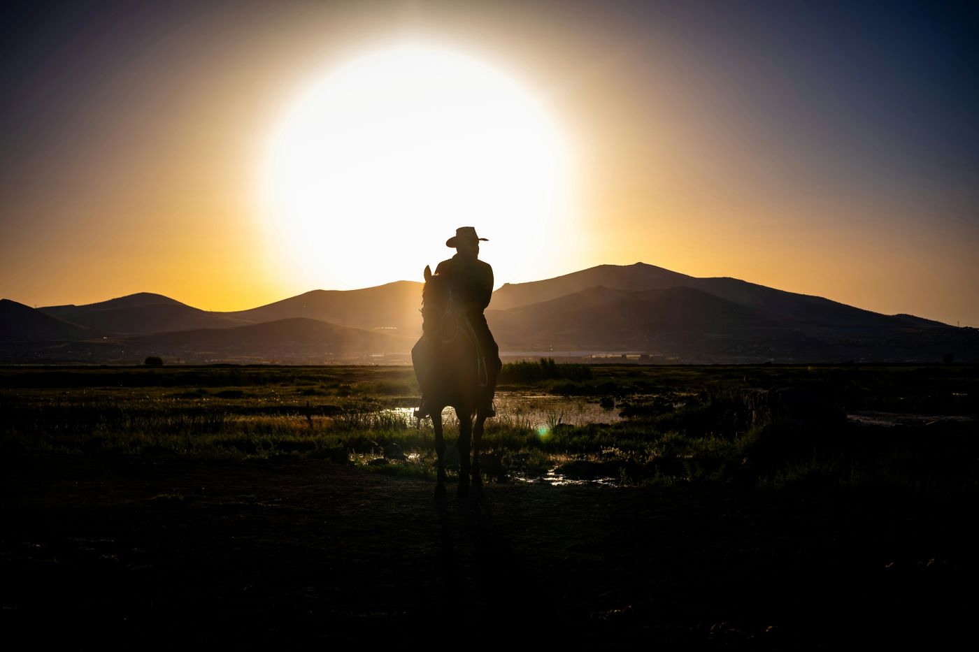 a cowboy riding at sunset in the desert