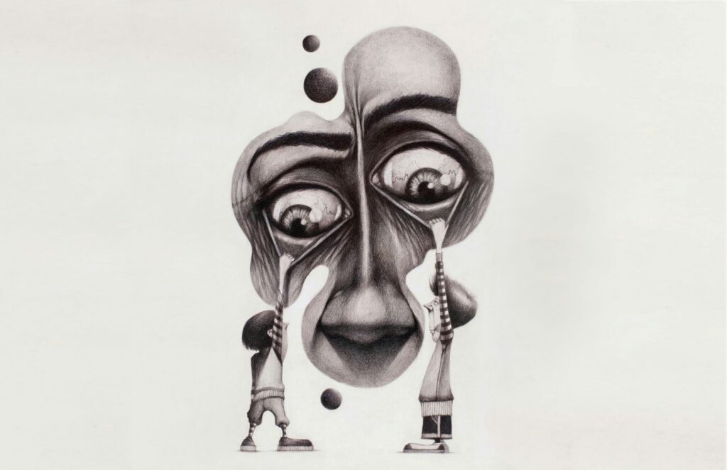 A pencil drawing of a human face being stretched by two guys