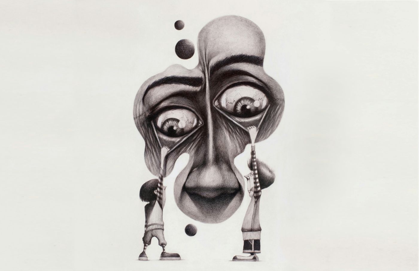 A pencil drawing of a man's face being stretched by two guys