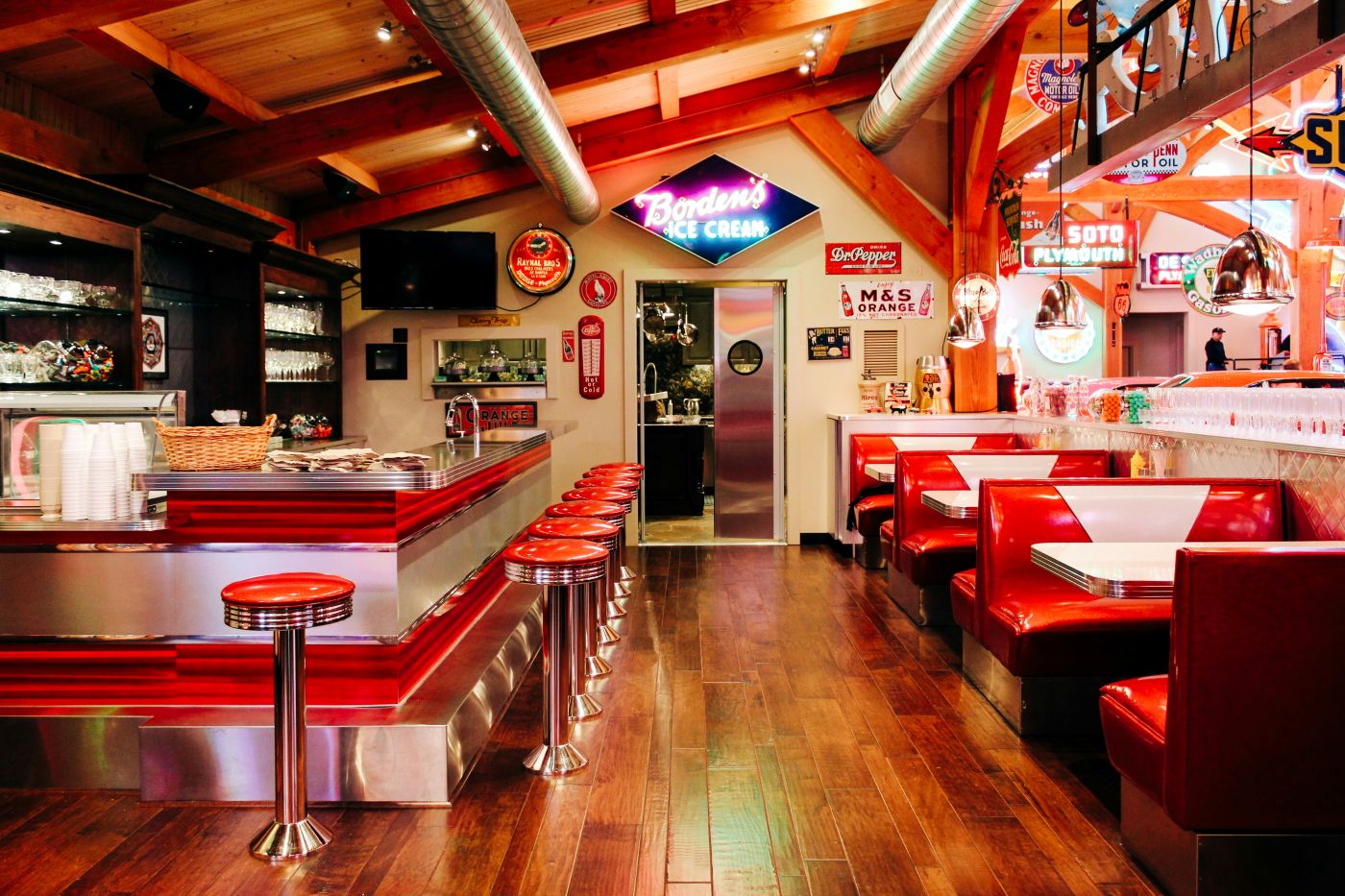Interior of a classic diner in red and white