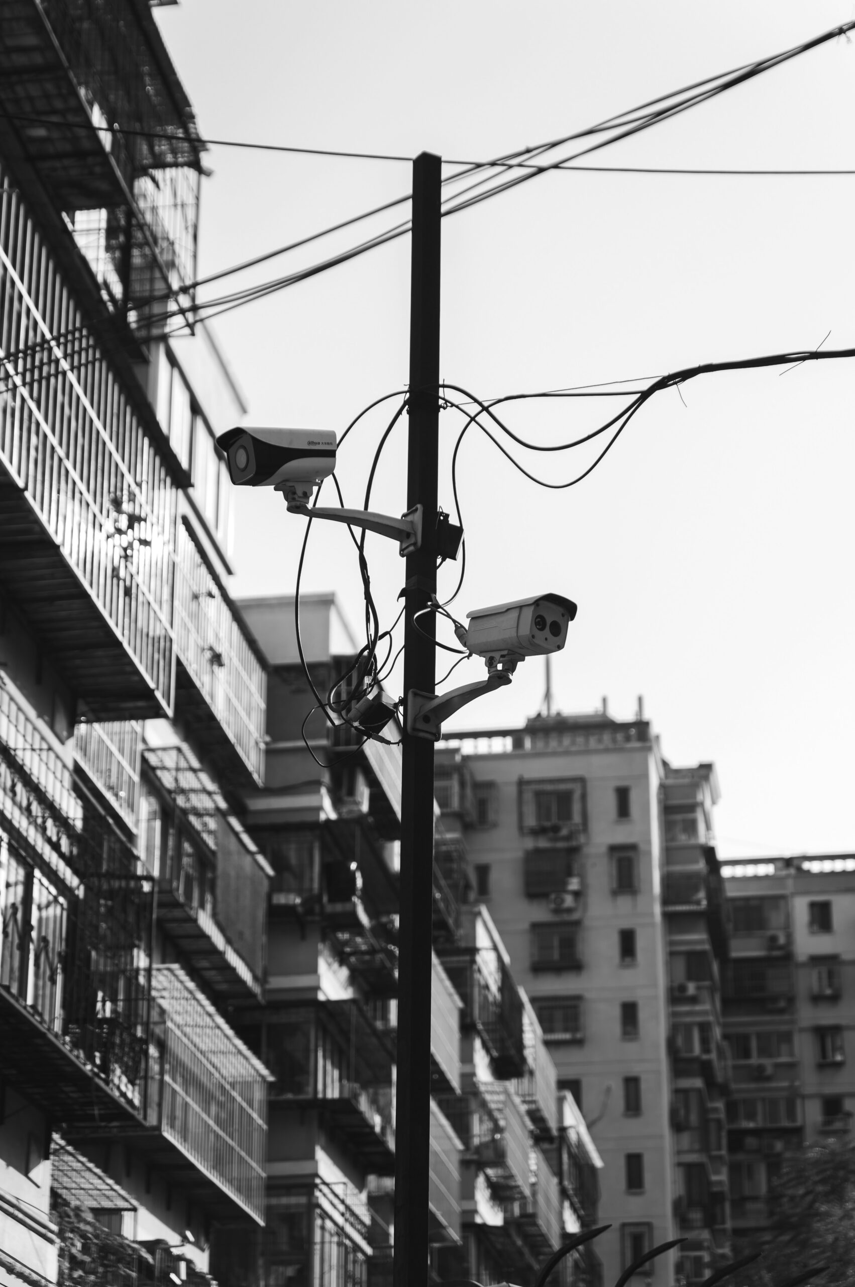 cameras on light poles on a street in black and white