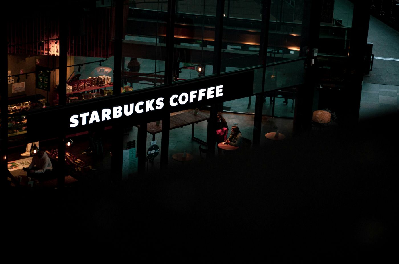 A Starbucks at night