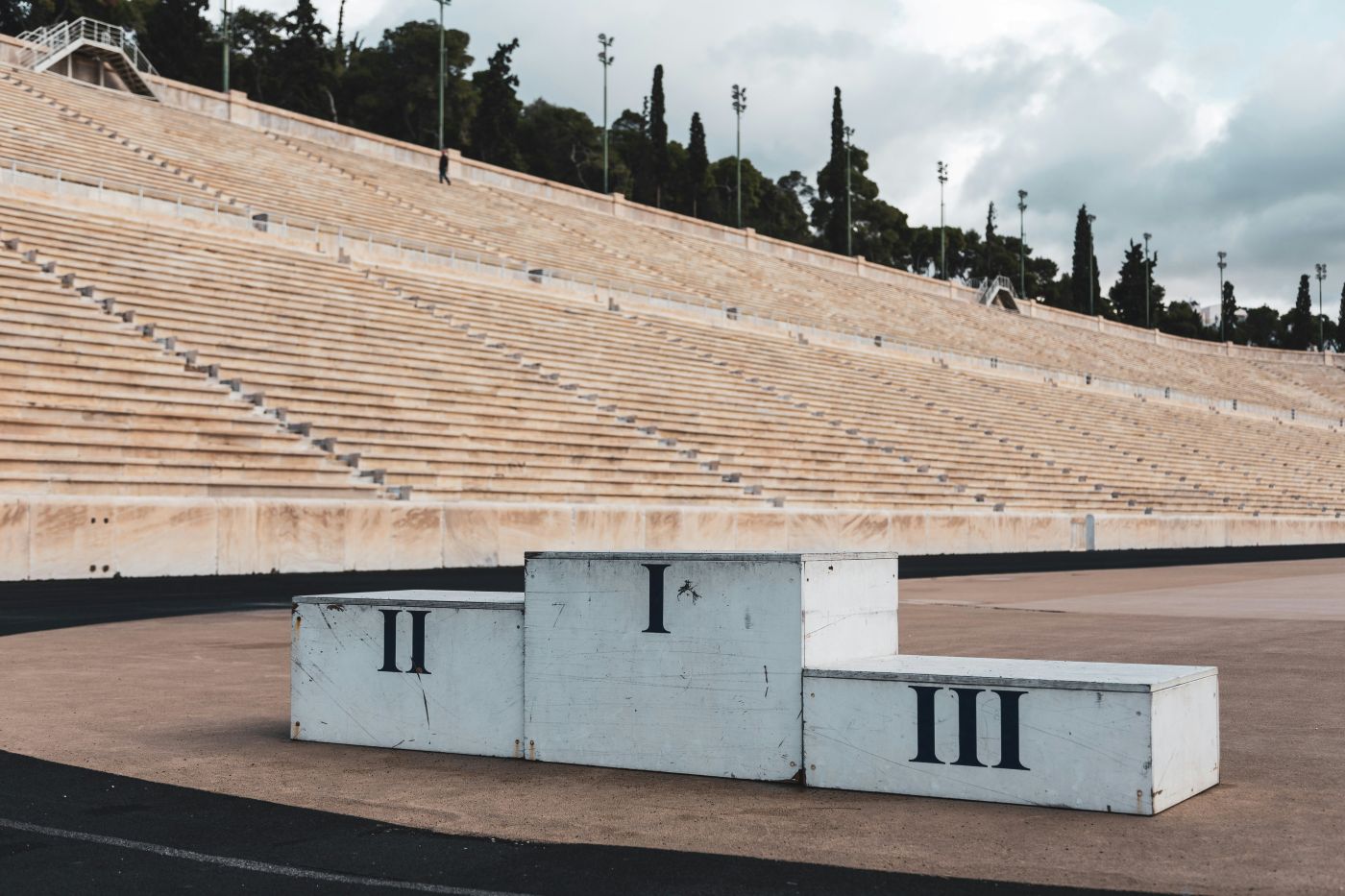 Winners' podium in an empty stadium