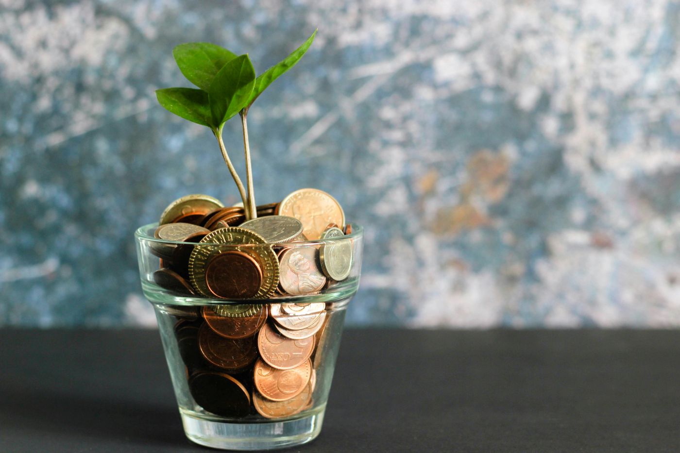 A small glass filled with coins and a sprouting plant